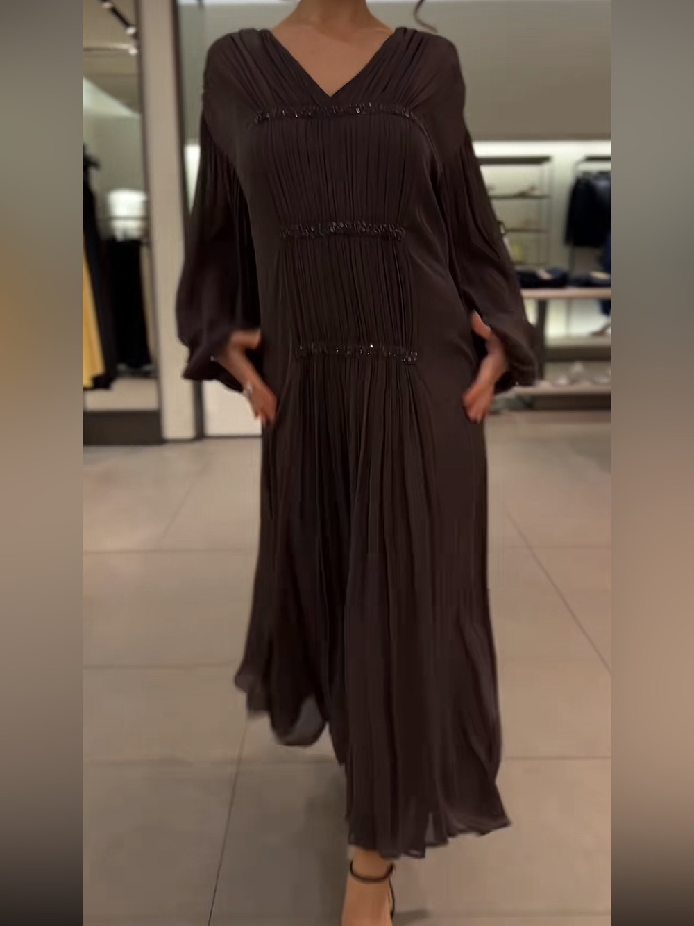 ZARA COLLECTION EMBROIDERED BEADED MINK BROWN KAFTAN MAXI DRESS